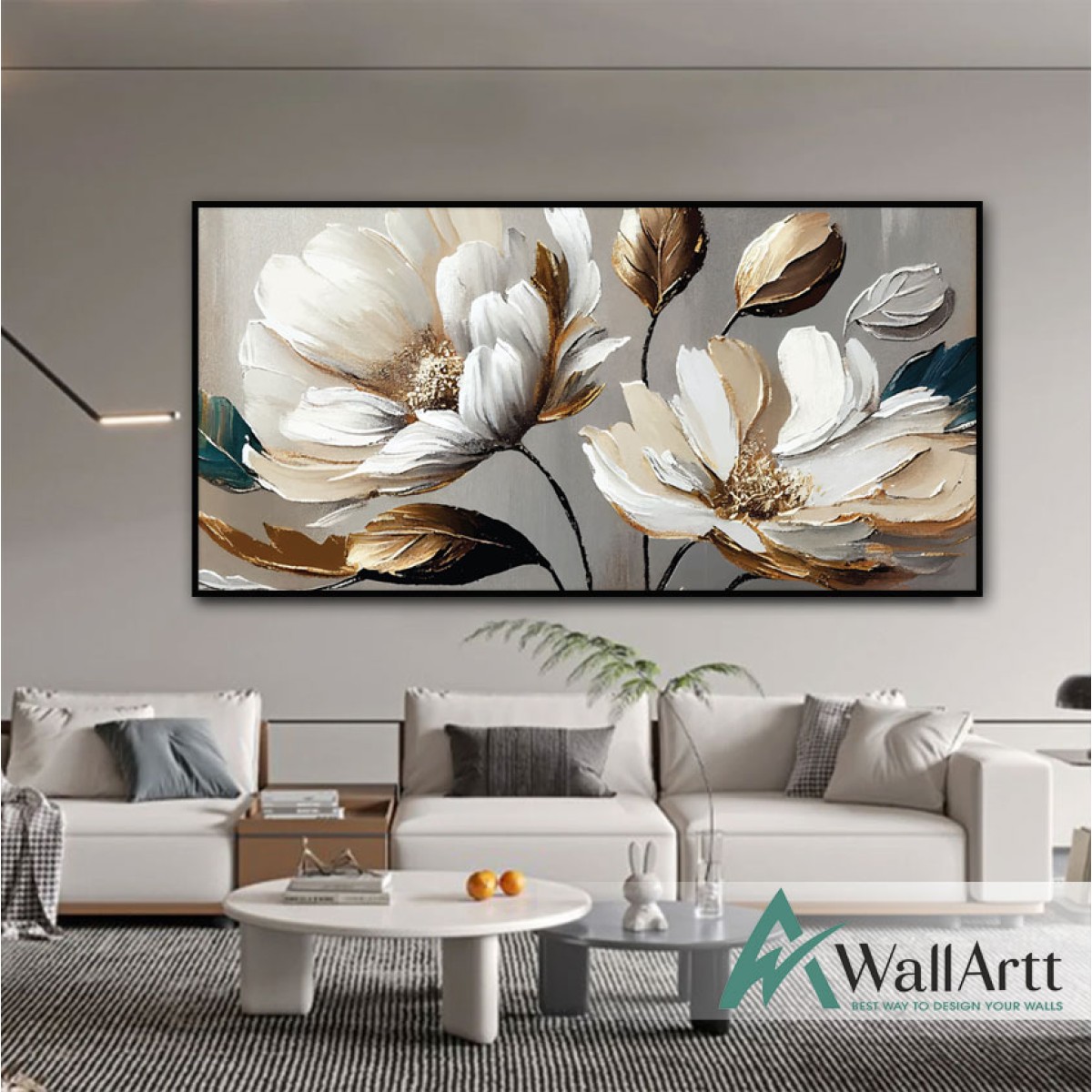 Gold Flower with Gold Leaves 3d Heavy Textured Partial Oil Painting